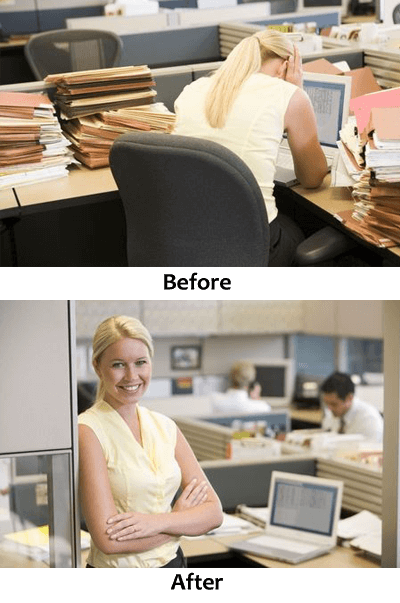 Insurance Worker in cubicle before and after implementation of Document Management