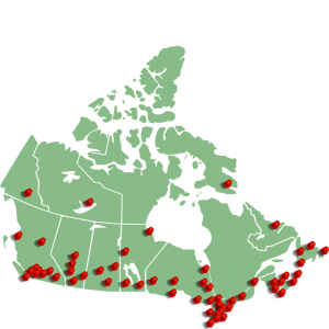 Image of map of Canada with pins for major urban centres