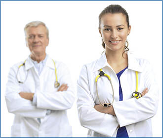 Photo of two doctors standing together, one young and the other ready to retire.