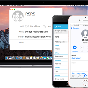 photo of devices with contact cards containing @rsrs.com email addresses