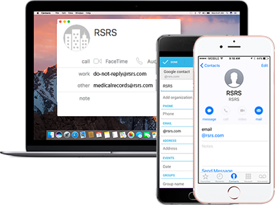 photo of devices with contact cards containing @rsrs.com email addresses